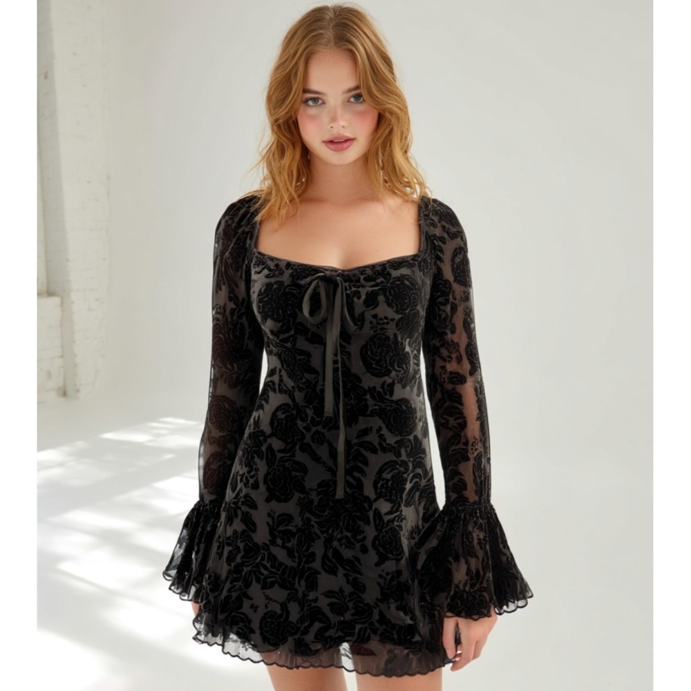Black Sheer Floral Flocked Mesh Dress Romantic Dark Whimsygoth Bell Sleeve Shein